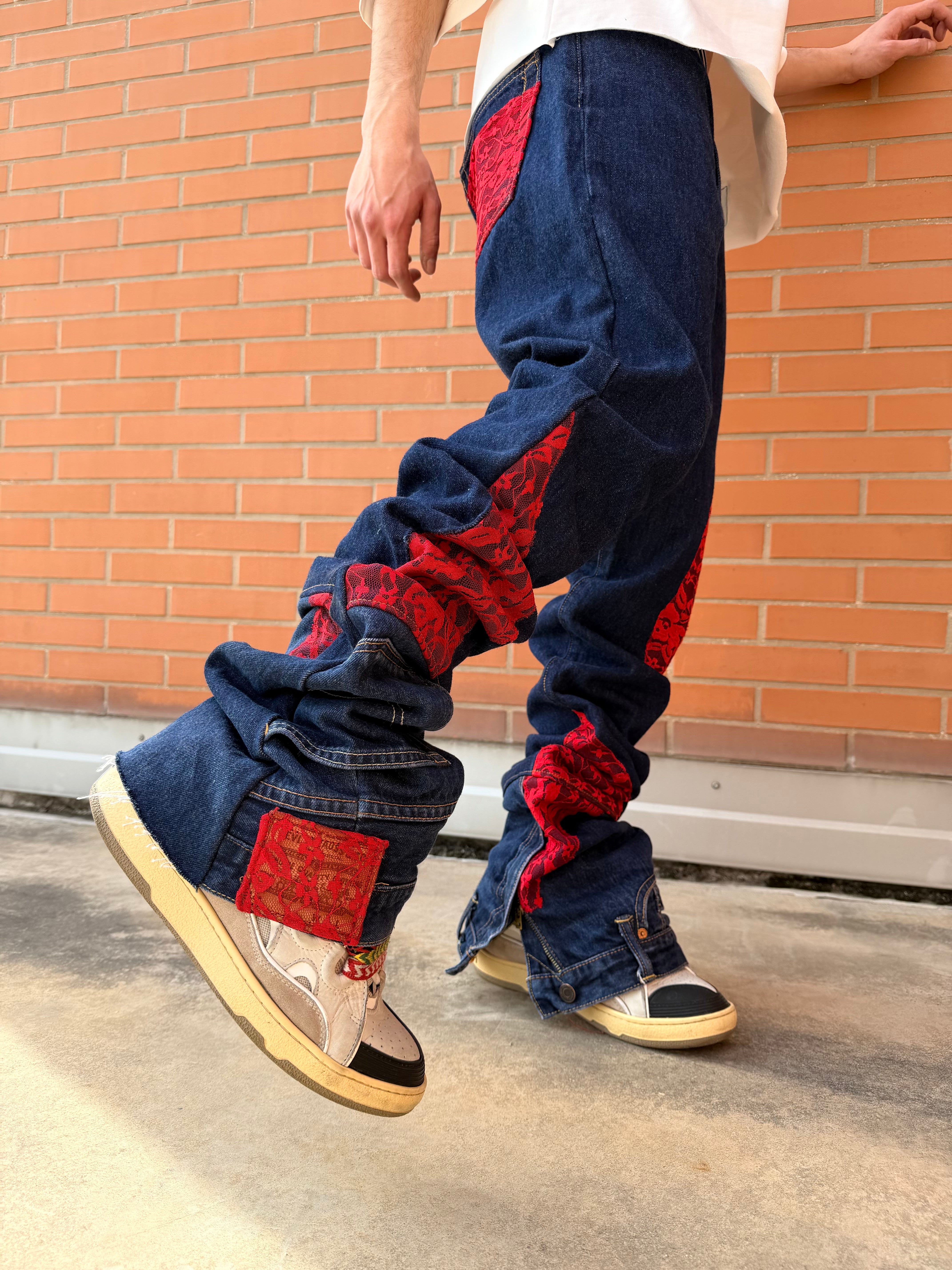 Stacked lace denim